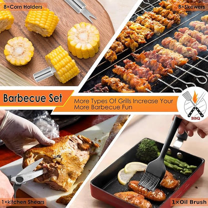 Yoehka BBQ Grilling Accessories Set, 34Pcs Heavy Duty Grill Tools for Outdoor Camping, Grilling Gifts for Men Dad, Stainless Steel Barbecue Utensils Kit with Mats and Glove in Carrying Bag, Brown