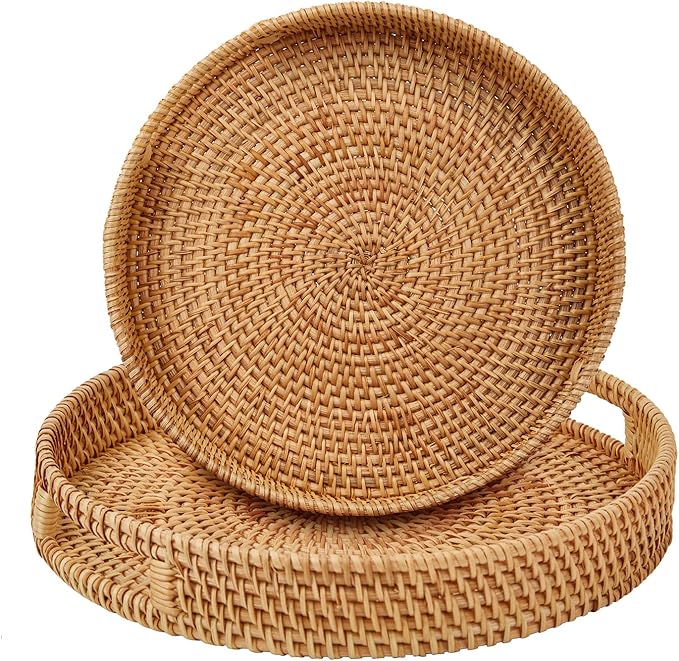 Whalehub Round Rattan Serving Tray with Handles,2 Hand Woven Basket, Home Decor Organizer Tray for Breakfast, Tea, Snack, Fruit, Coffee, Storage (Large + Medium)(14.17inchX2.3inch+11.9inchX1.7inch