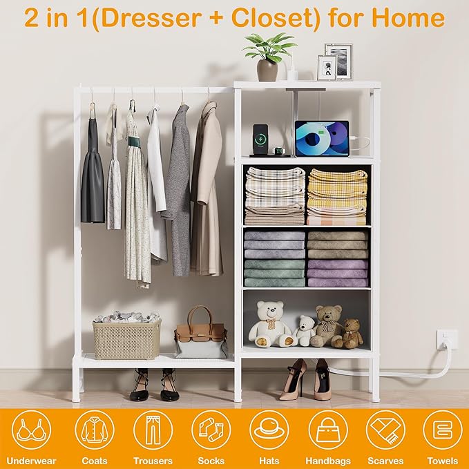 Dresser for Bedroom with Hanging Rack, 3 Drawers Closet with Charging Station, Faric Chest of Drawers with Clothes Rack, Storage Organzier for Hallway Entryway, White