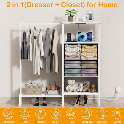 Dresser for Bedroom with Hanging Rack, 3 Drawers Closet with Charging Station, Faric Chest of Drawers with Clothes Rack, Storage Organzier for Hallway Entryway, White