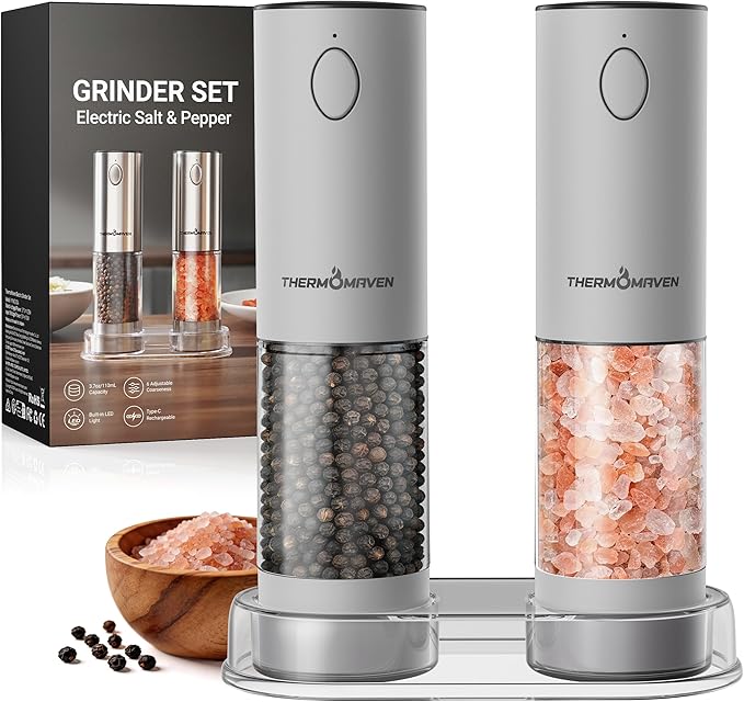 ThermoMaven Electric Salt and Pepper Grinder Set, 110ml Larger Rechargeable Automatic Salt and Pepper Mill Grinder with 6 Adjustable Coarseness, Electric Salt and Pepper Shakers, LED, White Sand