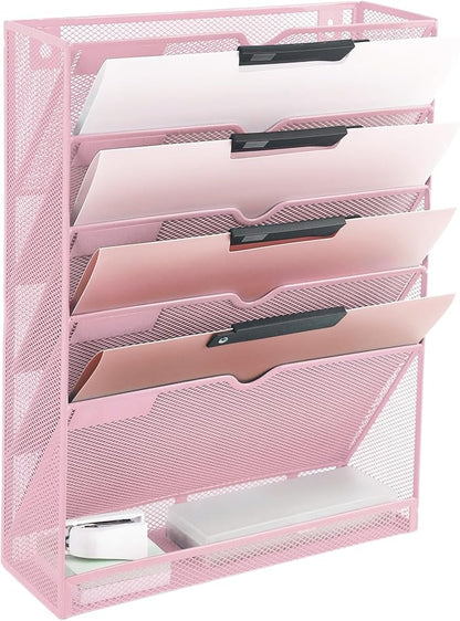 EASEPRES 6 Tier Mesh Hanging Wall File Organizer, Desk Vertical Mail Paper Document Folder Holder Rack with Bottom Tray and Nametag Label for Office Home School, Pink
