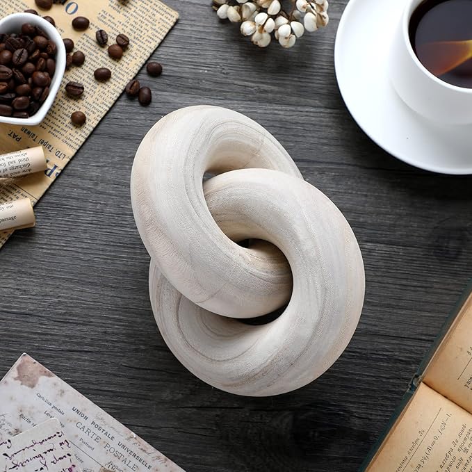 2 Link Wood Chain Link Decor Coffee Table Wooden Knot Decor Hand Carved Modern Farmhouse Ornament Boho Rustic Natural Chain Items for Home Living Room Bedroom Shelf Decorations(Wood)