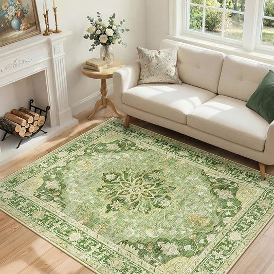 RELEANY Area Rugs 4'x6' Washable Non-Slip, Floral Vintage Distress Medallion Carpet for Living Room Bedroom Dining Room, Sage Green Yellow