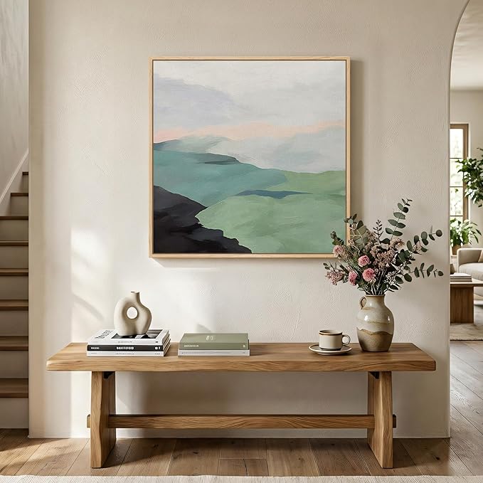 Framed Green Abstract Wall Art, Modern Mountain Canvas Prints Paintings Artwork for Walls, Square Minimalist Green and Grey Landscape Pictures for Living Room Dining Bedroom Office Wall Decor 24x24 In