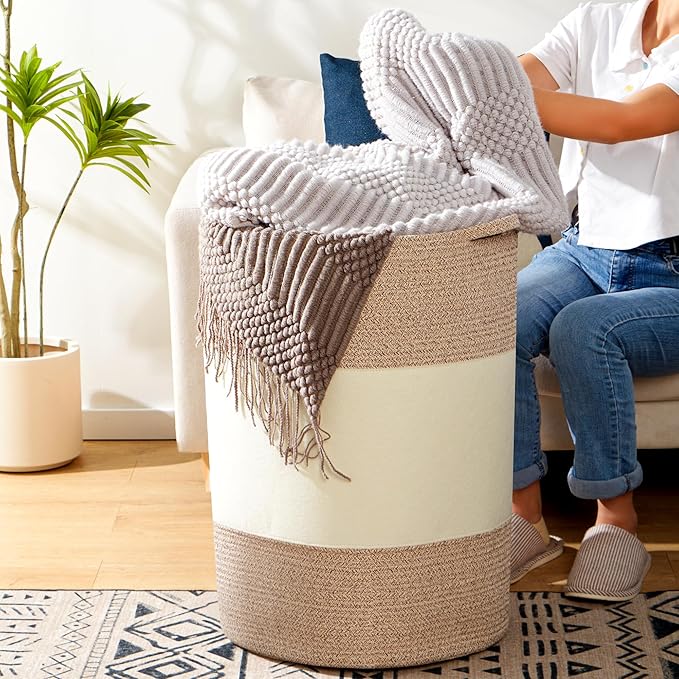 90L Jumbo Woven Laundry Hamper,17" x 17" x 24" Extra Large Laundry Basket for Blanket Storage,Tall Baby Nursery Hamper for Toys in Bedroom,Living Room Brown&White