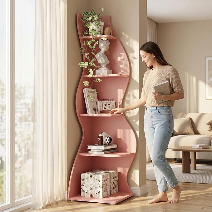 Arvolia 70 Inch Corner Shelf Stylish Design,Modern 5-Tier Wall Corner Bookshelf,Stylish Corner Small Bookcase Storage Rack Plant Stand with Unique Shape for Home Office (Pink)