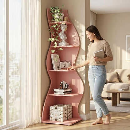 Arvolia 70 Inch Corner Shelf Stylish Design,Modern 5-Tier Wall Corner Bookshelf,Stylish Corner Small Bookcase Storage Rack Plant Stand with Unique Shape for Home Office (Pink)