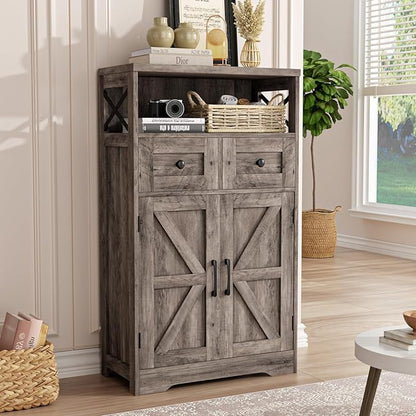 Farmhouse Storage Cabinet with Barn Doors and Open Shelf, Kitchen Pantry with Storage, Coffee Bar Station, Freestanding Cupboard Hutch Cabinet for Kitchen, Dinning Room, Livingroom, Grey