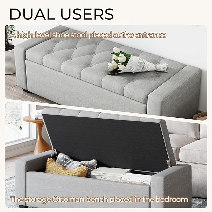 Storage Ottoman Bench with Tray,Large Entryway Ottoman with Storage, Rectangular Bench with Cushion and Safety Hinge for Living Room Bedroom,Light Gray