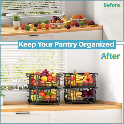 2 Pack Stackable Metal Wire Vegetable Fruit Basket for Kitchen Counter Cabinet, Pantry Organizers and Storage Basket, Food Can Snack Onion Potato Bread Storage Shelf Freezer Organizer Bins Containers