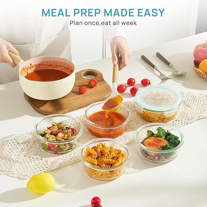 Vtopmart 5Pack 22oz Glass Storage Containers with Lids, Glass Meal Prep Food Container Sets with Snap Airtight Lid for Microwave, Oven, Freezer and Dishwasher, Green, Round