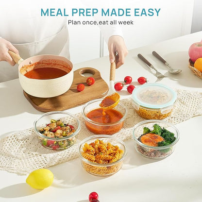 Vtopmart 5Pack 22oz Glass Storage Containers with Lids, Glass Meal Prep Food Container Sets with Snap Airtight Lid for Microwave, Oven, Freezer and Dishwasher, Green, Round