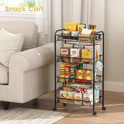 TOOLF 4-Tier Rolling Cart, Metal Utility Cart with 3 Hooks, Easy Assemble Mobile Storage Trolley On Wheels, Metal Shelving Units Kitchen Bathroom Laundry Room