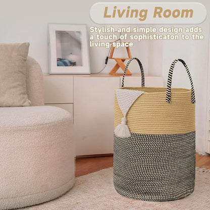 JMvicyroam Large Woven Laundry Basket Hamper,100L Cotton Rope Storage Bin for Blankets,Toys and Clothes,Decorative Tall Nursery Hamper for Living Room,Baby Nursery,Bathroom and Bedroom,Brown and Black