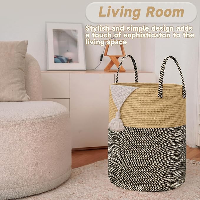 JMvicyroam Large Woven Laundry Basket Hamper,60L Cotton Rope Storage Bin for Blankets,Toys and Clothes,Decorative Tall Nursery Hamper for Living Room,Baby Nursery,Bathroom and Bedroom,Brown and Black