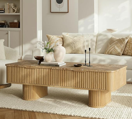 win2win Fluted Coffee Table with Storage, Boho Modern Coffee Table with Faux Marble Top, Minimalist Rectangle Center Table with Sculptural Pedestal Legs & Drawers for Living Room, Office, Oak