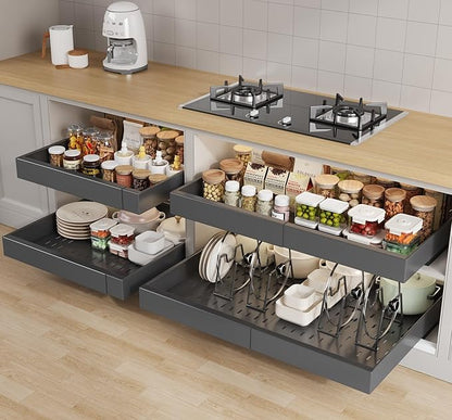 Seinloes 4 Pack Pull out Cabinet Organizer 21" Deep With Raising Pad for Framed Cabinets,Expandable (15.2"-26.3"W) Slide out Drawers for Kitchen Cabinets with 4pcs Divider Racks,Roll out Shelves,Black