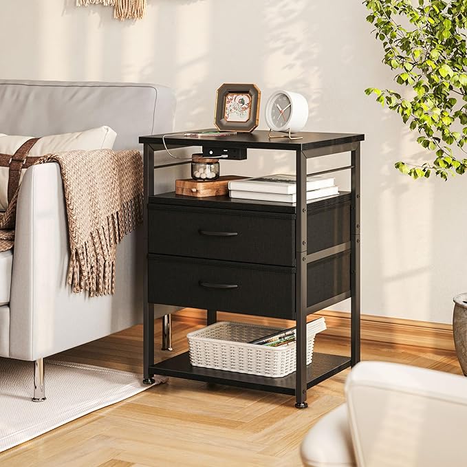 AODK Nightstand with Charging Station & LED Lights, 27.6" Tall Bedside Table with 4-Tier Storage, 2 Fabric Drawers & 2 Open Shelves, Space-Saving End Table for Bedroom & Living Room, Black