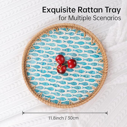 Round Rattan Tray with Mother of Pearl Inlay, Rattan Serving Tray for Coffee, Bread, Fruits, Decorative Wicker Tray for Table Decor, Home Decor, Kitchen Island Decor (Turquoise Fish, 11.8")