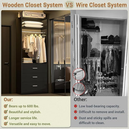 Besiost Freestanding 2FT Closet System with 3 Wood Drawers, 24" Closet Organizer System with Hanging Rod & Shelves, Walk-in Closet Systems for Small Closets, Black (24"L x 15" W x 80" H)