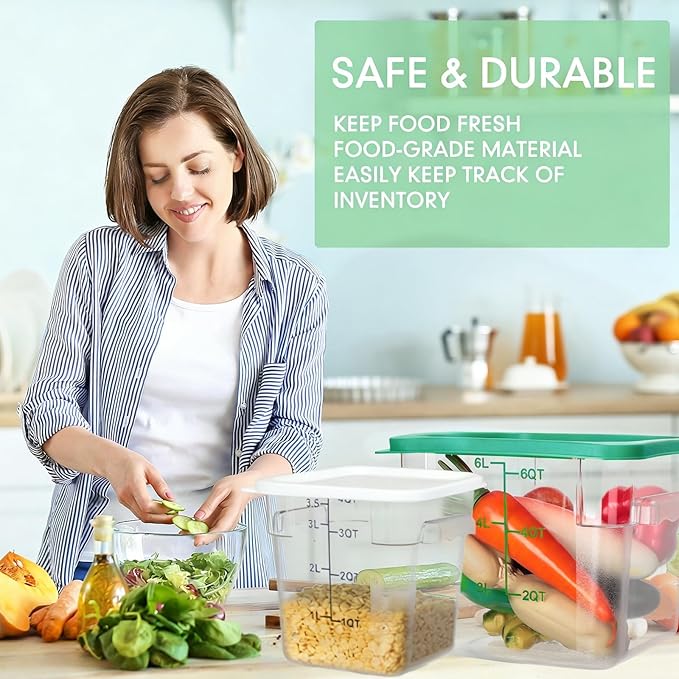 Lallisa 4 Pcs 8 Qt and 4 Qt Clear Food Storage Containers with Lids, Handles and Scales, Commercial Grade Square Containers Polycarbonate Air Tight for Home Storage Kitchen Restaurant(White, Green)