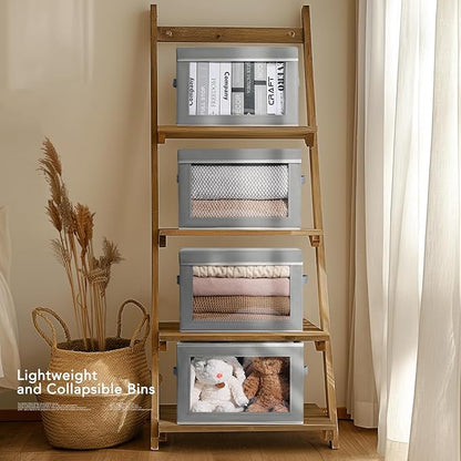 Homsorout Decorative Bins with Lids - Stackable Cube Bins for Closet, 3 Pack Clear Windows Fabric Organizer Bins, Home Organizers and Storage for Clothes, CD, Towels, Grey