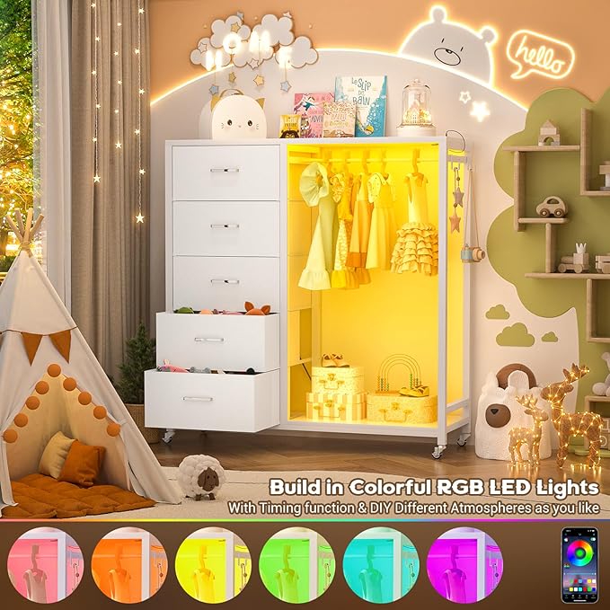 Cyclysio Dresser with Hanging Rack, 5 Fabric Drawers Dresser with Clothes Rack, Wooden Top Storage Chest of Drawers with Charging Station & LED Lights, Lockable Wheels, Closet