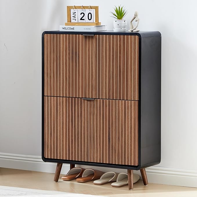 Fluted Shoe Cabinet Storage for Entryway,Slim Shoe Cabinet with 2 Flip Drawers, Narrow Shoes Rack Organizer (All Walnut, 2 Drawers)