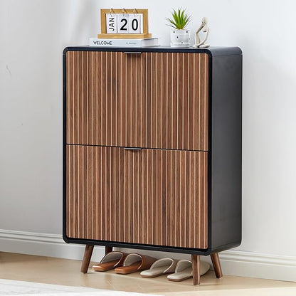 Fluted Shoe Cabinet Storage for Entryway,Slim Shoe Cabinet with 2 Flip Drawers, Narrow Shoes Rack Organizer (All Walnut, 2 Drawers)