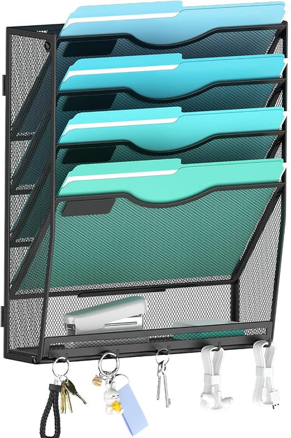 Gawerk 5-Tier Wall File Organizer Hanging Wall File Holder Wall Mount Paper Folder Organize, Mesh Magazine Document Mail Organizer for Office School Home, Black