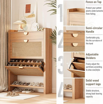 Rattan Shoe Storage Cabinet, Entryway Shoe Organizer with 2 Flip Drawers, Narrow Shoes Cabinet, Free Standing Hidden Shoe Storage, Shoe Rack for Entryway/Hallway/Front Door