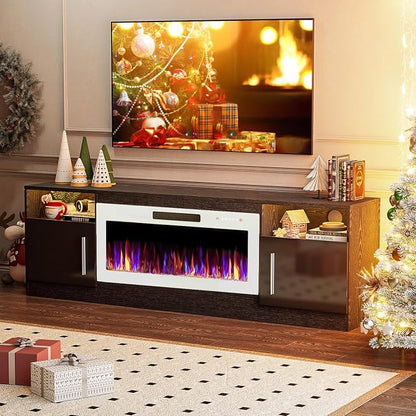 VITESSE TV Stand Fireplace with 36" inch Electric Fireplace Up to 80" TVs, LED Light Entertainment Center, 70" Modern Wood High Gloss with Highlight Storage Cabinet for Living Room (Black)