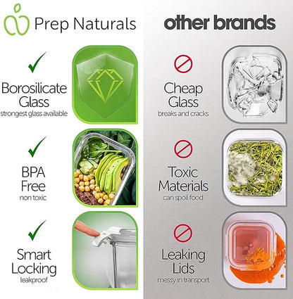 PrepNaturals 5 Pack 30 Oz Glass Meal Prep Containers - Dishwasher Microwave Freezer Oven Safe - Glass Storage Containers with Lids (Multi-Compartment)