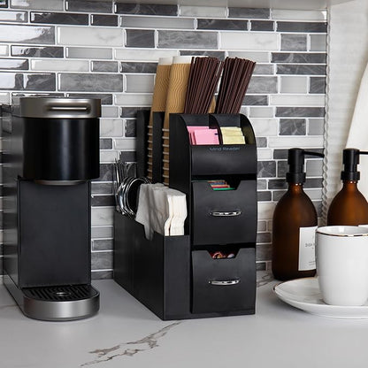 Mind Reader Cup and Condiment Station, Countertop Organizer, Coffee Bar, Kitchen, Stirrers, 5.35"W x 11.25"L x 11.15"H, Black