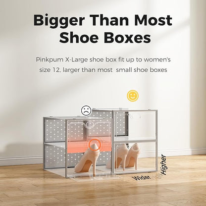 Pinkpum 12 Pcs XLarge Shoe & Sneaker Storage Organizer Box Clear Plastic Stackable Closet Grey