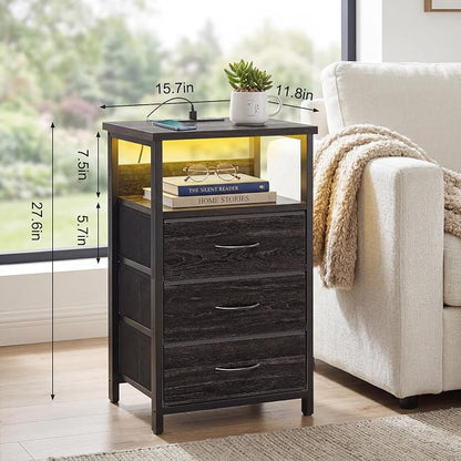 Fixwal Night Stand with Charging Station, LED Nightstand with Fabric Drawers, End Table with PU Finish, Bed Side Table, Black Oak