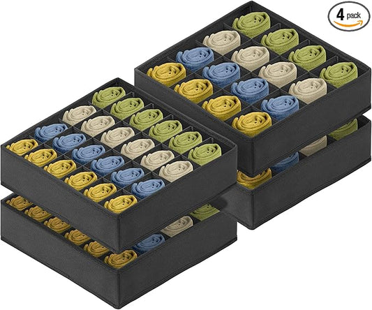 Reli. Sock Organizer (4 Pack) | 16+24 Cell Underwear Organizer | Drawer Dividers for Underwear, Socks, Ties, Belt | Foldable Fabric Storage Bins for Drawer, Closet, Dresser | 11.8 x 11.8 x 3.5 (Gray)