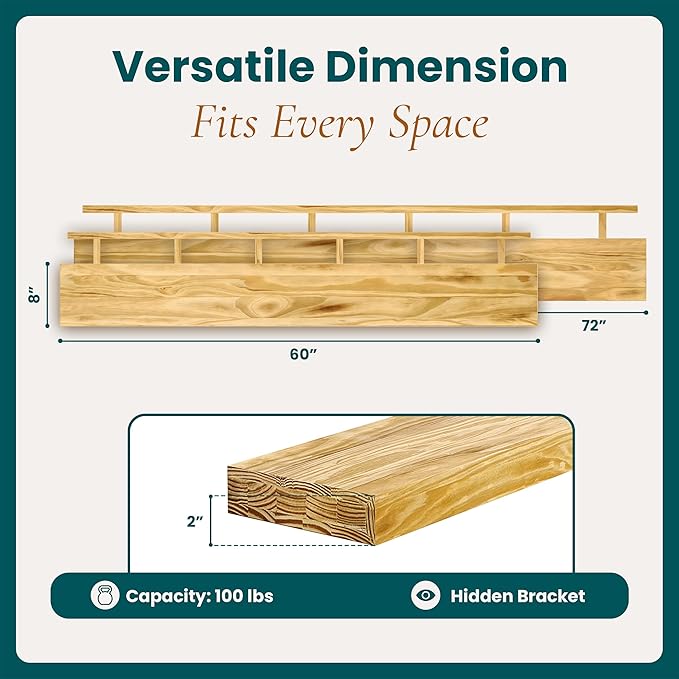 Howizz 60'' Pine Wood Floating Shelf for Wall - Rustic Wall Mounted Wooden Shelf for Stylish Home Décor, Fireplace Mantel 60inch (Natural, 60x8x2) - 1pcs