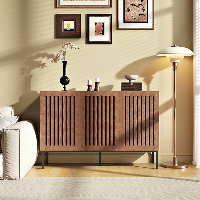 Buffet Cabinet, Modern Credenza Storage Cabinet with Adjustable Shelves and Metal Base, 47 Inch Wood Multifunctional Console Table for Kitchen, Living Room, Entryway, Brown