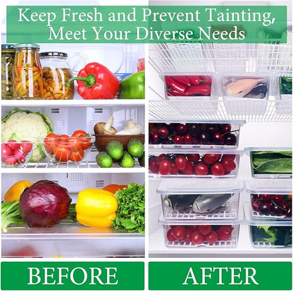 Meanplan 12 Packs Food Storage Containers for Fridge Plastic Refrigerator Organizers with Removable Drain Plate and Lid Stackable Produce Containers to Keep Fruits, Vegetables, Meat