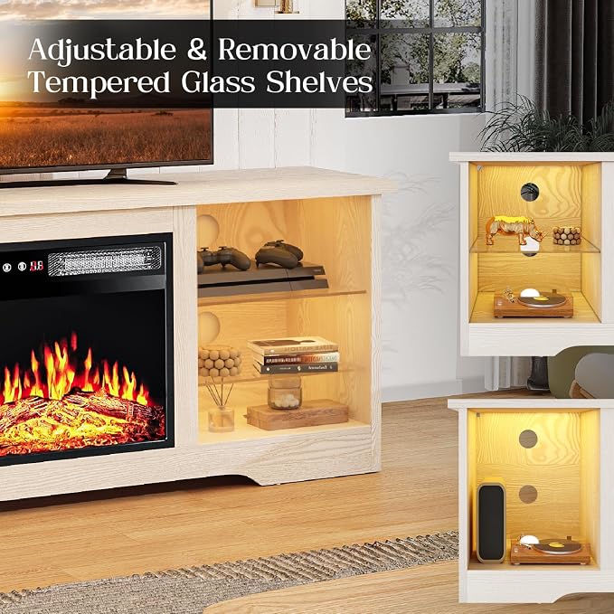 VITESSE 58 Inches Fireplace TV Stand for TVs up to 65 Inches Console with 18'' Electric Fireplace & Remote,Wooden Modern Entertainment Center for Living Room with LED Light Glass Shelves（Bei）