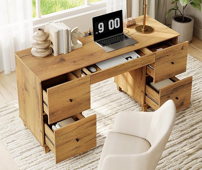 WAMPAT Executive Desk with 4 Deep Drawers, 58 Inch Modern Wooden Office Desk with Charging Station & Keyboard Tray, Home Office Large Computer Desk, Work & Study Writing Desk, Oak Brown