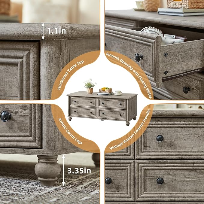 48" Farmhouse Coffee Table with Hidden Storage,Wooden Coffee Tables with 4 Drawers & Roman Column Handle,Rectangular Rustic Center Table with Solid Wood Curved Legs for Living Room,Office,Grey