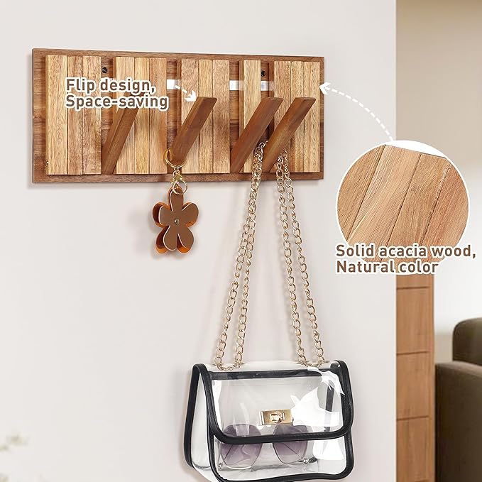 Wall Coat Rack for Entryway: Rustic Wooden Folding 8 Hooks Mount 16.5inch Decorative Piano Hanger for Farmhouse Hallway Bathroom for Towel Backpack Jacket (Neat Style)
