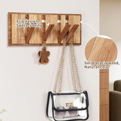 Wall Coat Rack for Entryway: Rustic Wooden Folding 8 Hooks Mount 16.5inch Decorative Piano Hanger for Farmhouse Hallway Bathroom for Towel Backpack Jacket (Neat Style)