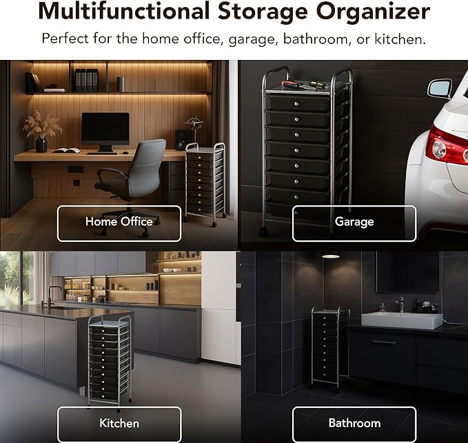 Display By Jack Rolling Storage Cart 10 Drawer Organizer with Black Drawers, Slim 36" Chrome Frame, Locking Wheels, and Top Shelf for Office, Classroom, Bathroom, or Craft Storage