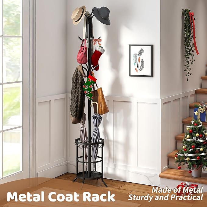 FILWH Coat Rack Freestanding with Umbrella Stand Coat Rack Stand with 12 Hooks Metal Coat Tree Coat and Hat Hanger Jacket Entryway(Black)