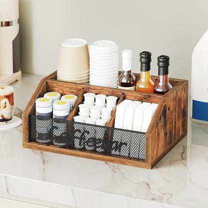 YATINEY Coffee Pod Organizer, Wooden Coffee Bar Organizer for Countertop, Versatile Pod Holder with Dividers, Holds Syrup, Cups, Tea Bags, Easy Assembly, Rustic Brown KH11BR