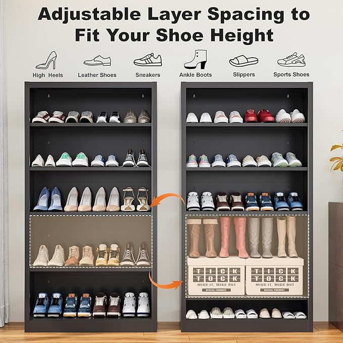 5-Space Heavy Duty Steel Shoe Rack, 4-Tier Adjustable Shoe Shelf with Back Panel, 66" Tall Open Shoe Organizer for Entryway, Closet, Apartment - Sturdy Metal Shoe Storage (Black, 5 Tier-66"H*33W)